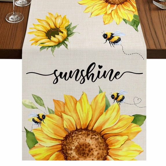 Sunflowers 90 Inch Table Runner, Farmhouse Bees Vintage Sunshine Summer Farmhouse Dresser Scarf Cotton & Linen Tablerunner for Dining/Kitchen Island/Holiday Party Décor 13" x 90"
