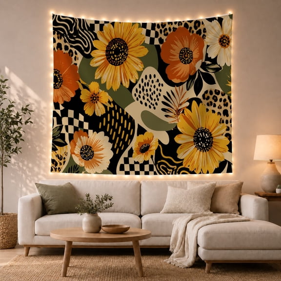 Sunflowers Among Poppies and Graphic Patterns, Playful Maximalist for Flower Lovers, Botanical Wall Art, Housewarming Gift, Tapestry Wall Hanging for Bedroom and Living Room