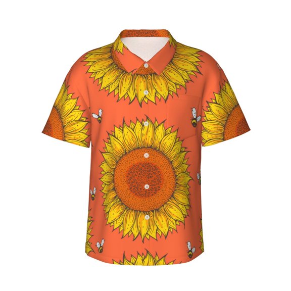 Sunflowers And Bees Hawaiian Shirts For Men, Summer Short-Sleeve Relaxed-Fit Button-Down Shirts 3x-Large