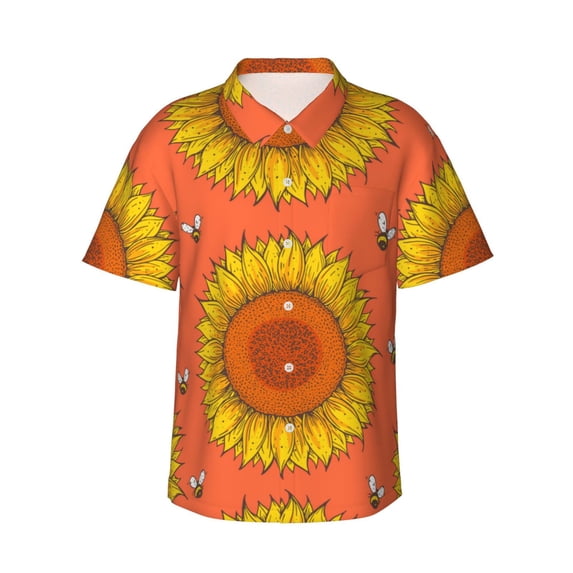 Sunflowers And Bees Hawaiian Shirts For Men, Summer Short-Sleeve Relaxed-Fit Button-Down Shirts X-Large