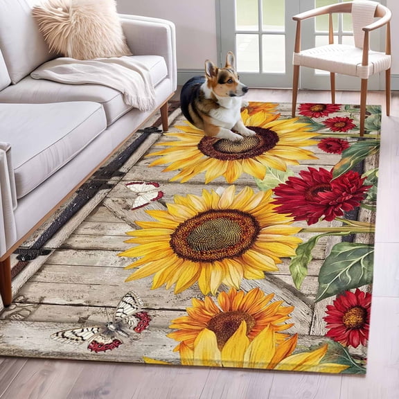 Sunflowers Area Rug 4'x6', Retro Flower Barn Doors Butterfly Farmhouse Brown Washable Non-Slip Rugs, Low Pile Large Carpet for Living Room Bedroom Dining Room Kitchen Office Indoor Mat