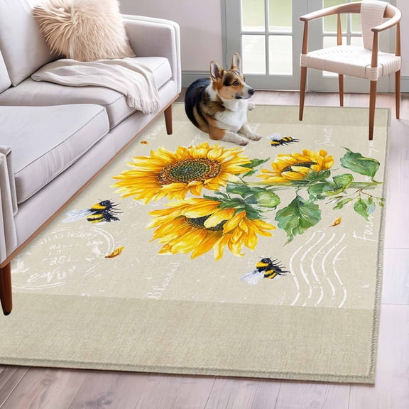 Sunflowers Area Rug 4x6 Washable Rug Non Slip Farmhouse Botanical Yellow Flowers Bee Retro Large Area Rug Indoor Floor Carpet for Entryway Bedroom Kitchen Living Room Home Office Dining Room Nursery
