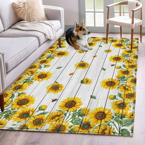Sunflowers Area Rug 4x6 Washable Rug Non Slip Vintage Farm Wildflower Grey Woodgrain Large Area Rug Indoor Floor Carpet for Entryway Bedroom Kitchen Living Room Home Office Dining Room Nursery