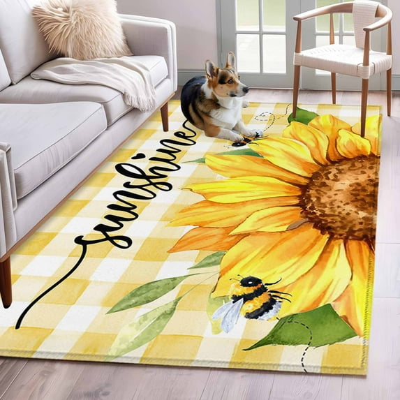 Sunflowers Area Rug 4x6 Washable Rug Non Slip Yellow Plaid Sunshine Vintage Country Bee Large Area Rug Indoor Floor Carpet for Entryway Bedroom Kitchen Living Room Home Office Dining Room Nursery