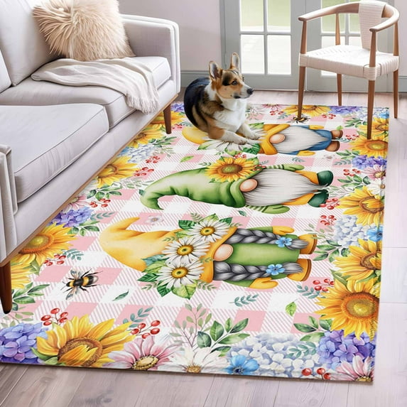 Sunflowers Area Rugs 2.7'x5', Washable Small Throw Rugs for Kitchen Bedroom, Spring Gnomes Hydrangea Daisy Flowers Pink Plaid Indoor Outdoor Rug Non-Slip Low Pile Carpet Runner Reversible Floor Mats