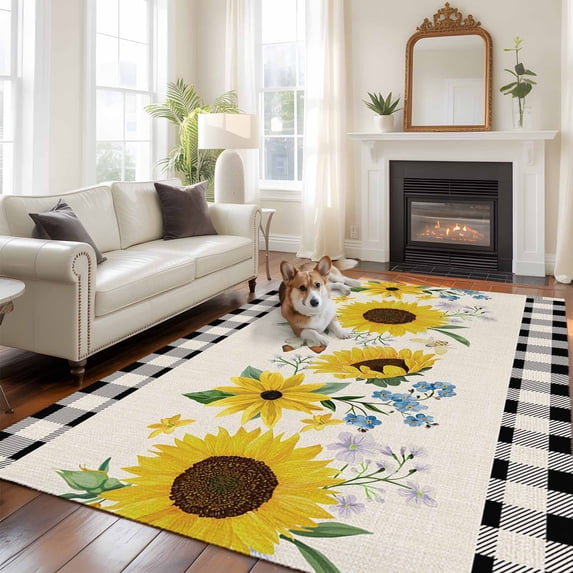 Sunflowers Area Rugs 5x7 ft Vintage Country Colorful Flower Plant Butterfly Black Plaid Washable Rug Non Slip Indoor Carpet Absorbent Floor Mat for Living Room Bedroom Dining Room
