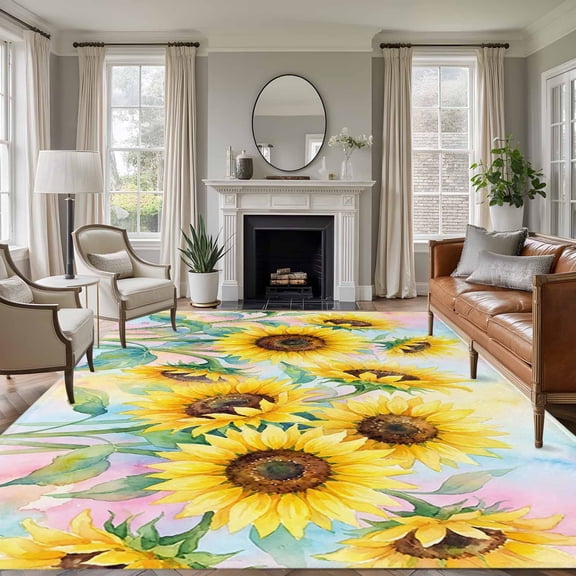 Sunflowers Area Rugs 6'x9', Washable Small Throw Rugs for Kitchen Dining room, Yellow Floral Summer Botanical Elegant Pastoral Indoor Outdoor Rug Non-Slip Low Pile Carpet Runner Reversible Floor Mats