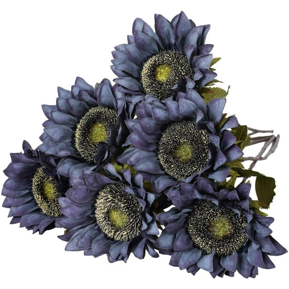 Sunflowers Artificial Flowers 6PCS Long Stem Silk Fall Flowers Realistic Fake Sunflowers Bouquets for Wedding Centerpieces Office Home Garden Halloween Decor(Navy Blue)