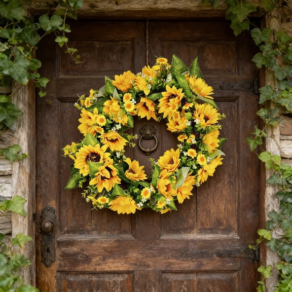 Sunflowers Artificial Flowers Vibrant Orange Petal Design Dark Brown Center Realistic Leaf Texture Wreath for Door Mantel Shelf Decor