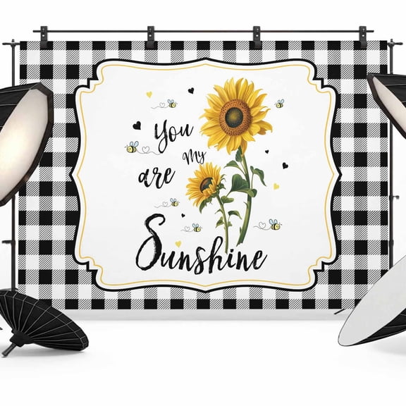 Sunflowers Backdrop for Photography,Fabric Photo Background Backdrop,Yellow Floral Botanical Black White Plaid Farmhouse Photo Booth Background for Portrait Photoshoot Video Wedding Banner 10x8ft