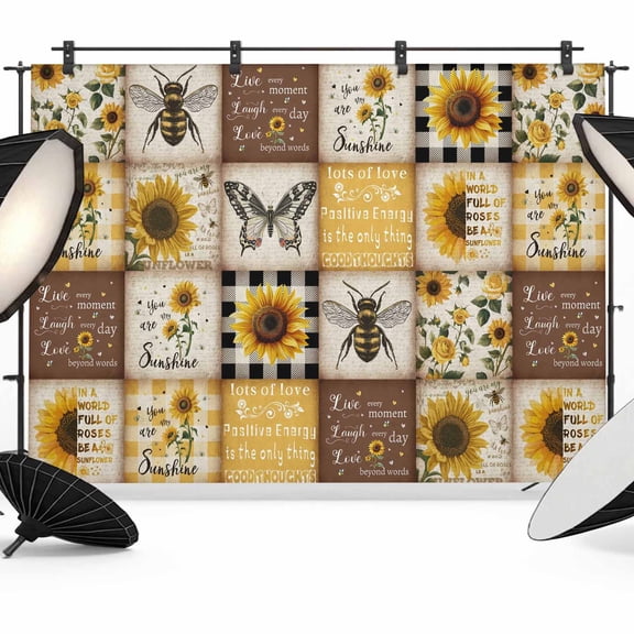 Sunflowers Backdrop for Photoshoot,Photography Photo Studio Background Wall Backdrop,Retro Country Butterfly Bee Floral Plaid Back Drop Banner Panel for Portraits Wedding Party Live Streaming 8x6Ft