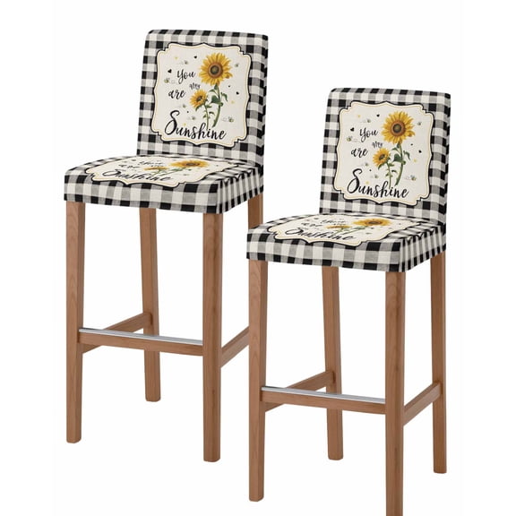 Sunflowers Bar Stool Covers Set of 2, Yellow Floral Botanical Black White Checkered Rustic Stretch Bar Chair Covers with Backs, Removable Pub Counter Height Chair Cover for Kitchen Dining Room Cafe