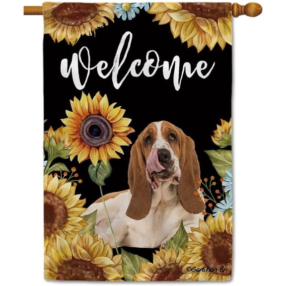Sunflowers Basset Hound House Flag Dog Floral Spring Summer Decor Flag for Outdoor Yard Double Side 28X40 Inch Style 2