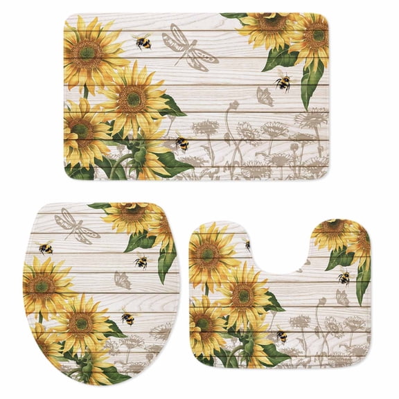Sunflowers Bath Mat 3 Piece Bathroom Rug Set, Farmhouse Botanical Flowers Bees Wooden Non Slip Bath Rug Contour Mat and Toilet Lid Cover, Absorbent Shower Mats Soft Bath Rugs and Mats Sets