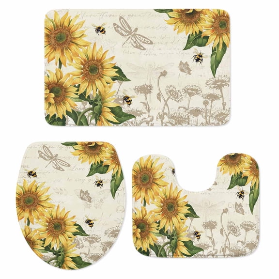 Sunflowers Bath Mat 3 Piece Bathroom Rug Set, Farmhouse Retro Butterfly Beige Yellow Non Slip Bath Rug Contour Mat and Toilet Lid Cover, Absorbent Shower Mats Soft Bath Rugs and Mats Sets