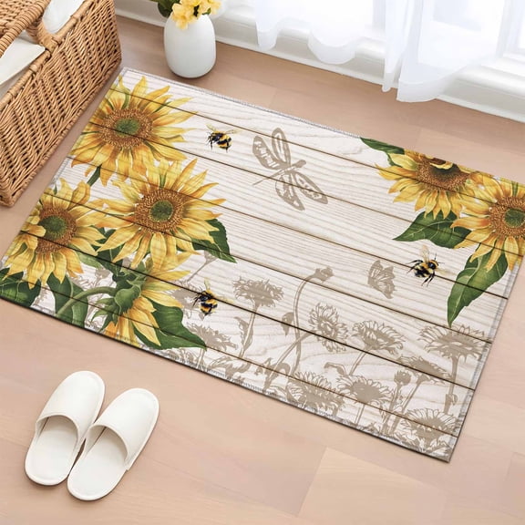 Sunflowers Bathroom Rug Washable 2x3 Entryway Rug Non Slip Farmhouse Botanical Flowers Bees Wooden Front Door Mat Low Pile Indoor Doormat Throw Floor Carpet for Kitchen Bedroom Entrance