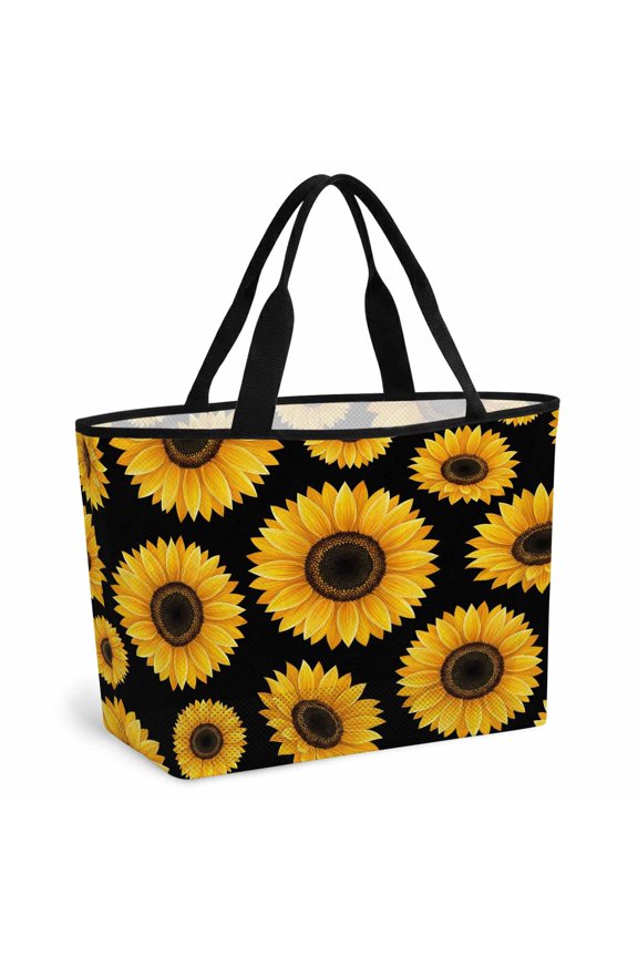Sunflowers Beach Bag for Women, Large Breathable Mesh Beach Tote Bag, Black Botanical Yellow Budding Flowers Sandproof Lightweight Travel Bags for Vacation Picnic Swimming Pool 15.7"x15.7"x9.1"