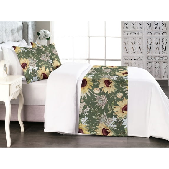 Sunflowers Bed Runner Set, Nostalgic Effect Summer Vibes Floral Composition Dreamy Aura Print, Decorative Bedding Scarf & 2 Pillow Shams for Hotels Homes, Queen, Pastel Yellow Dark Rust, by Ambesonne