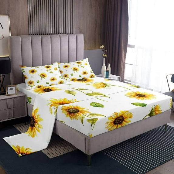 Sunflowers Bed Sheet Set Floral Print Bed Sheets Yellow Flowers Pattern Sheets Flower Painting Sheet Set Teens Microfiber King