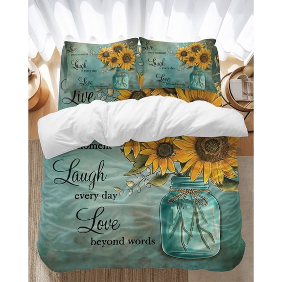 Sunflowers Bedding Duvet Cover Set Twin Size 4 Pieces Laugh Live Love Retro Turquoise Background Bedding Set with Zipper Closure, 1 Comforter Cover 68x90 Inches 1 Flat Sheet & 2 Pillow Cases
