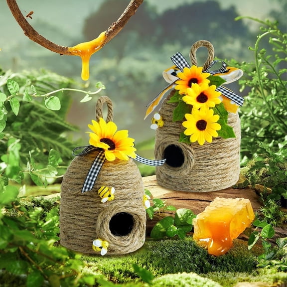 2 Pack Farmhouse Sunflower Bee Hive Decor, Rustic Honeycomb Bee House Decorations for Spring Summer, Tiered Tray, Kitchen Table, Shelf and Home Decor