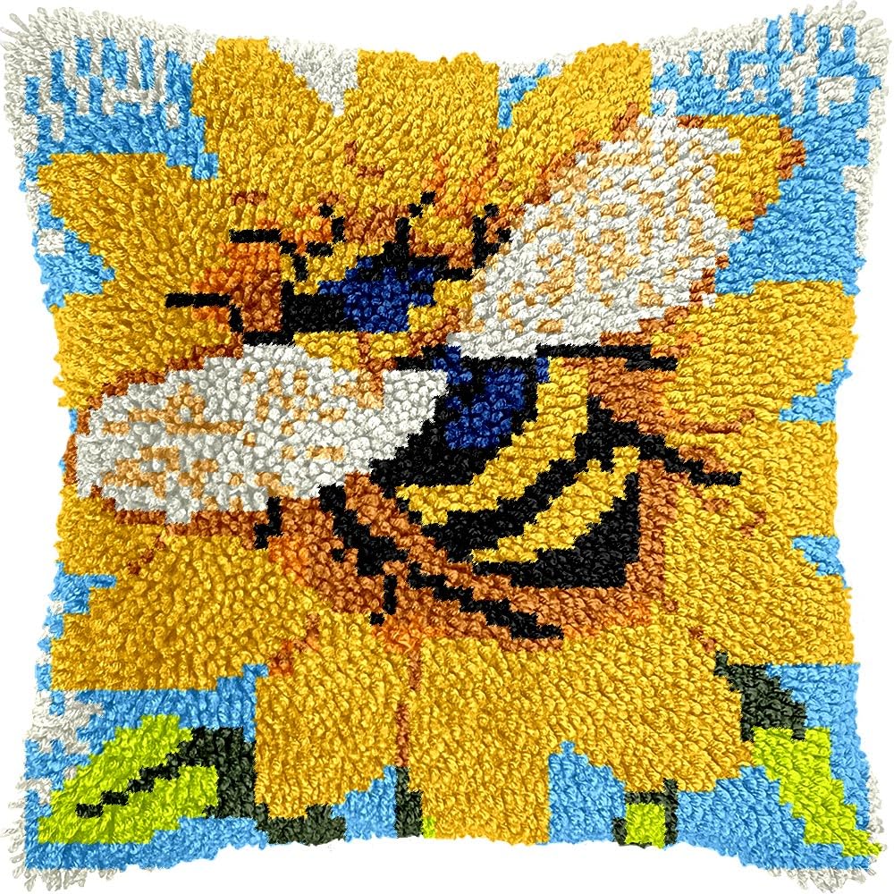 Sunflowers & Bee Latch Hook Kits Pillow kits Cushion Throw Pillow Embroidery Craft Kits DIY Kits of DIY Hooking Pillowcase Cover Supplier with Color Printed Canvas 43x43cm (114)