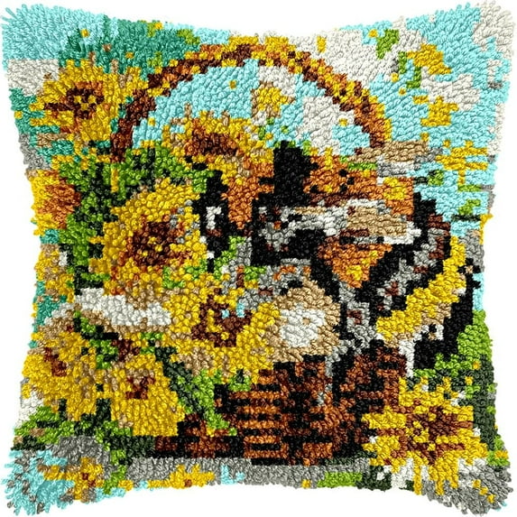 Sunflowers Bee Latch Hook Pillow Kits Pillow Cover Pattern Printed Canvas Knitted Hooking Pillowcase Cushion With Zipper Crafts Crochet Home Decor Kits 17x17 inch(f204)