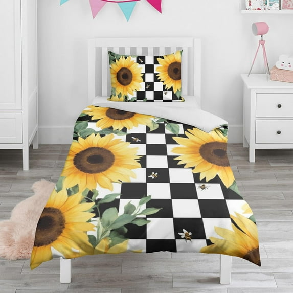 Sunflowers Bees Checkered Duvet Cover and Pillowcase Set for Single Bedding, Bedroom Accessories for Kids Teens