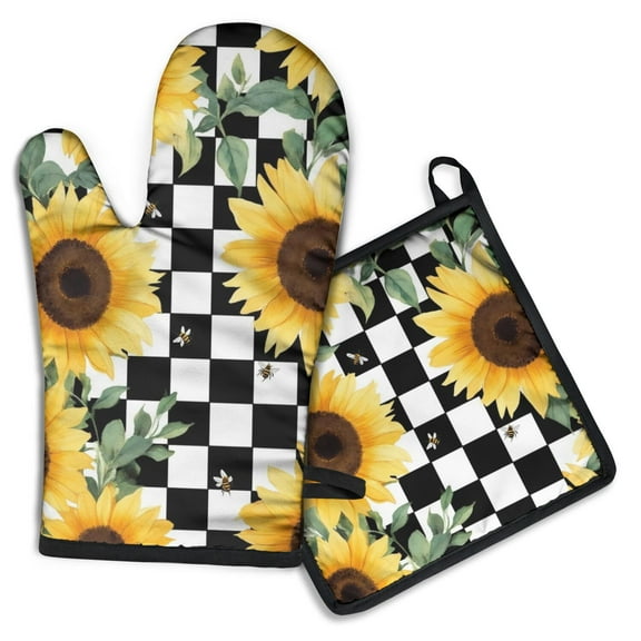 Sunflowers Bees Checkered Kitchen Oven Mitt and Pot Holder Sets 2 Pcs for Baking, Cooking and Grilling, Heat Resistant Up To 392 °F