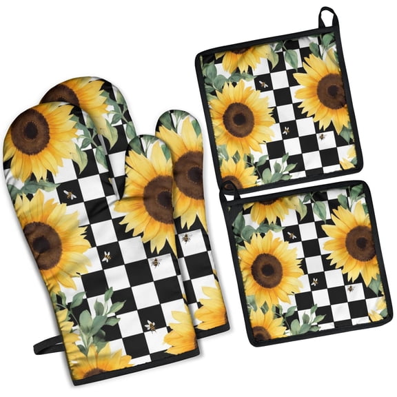Sunflowers Bees Checkered Kitchen Oven Mitt and Pot Holder Sets 4 Pcs for Baking, Cooking and Grilling, Heat Resistant Up To 392 °F