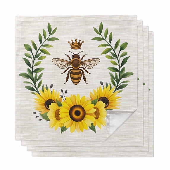 Sunflowers Bees Cloth Napkins, Spring Farmhouse Honey Flowers Leaves Washable and Reusable Dinner Napkins Set of 4, Table Napkin for Kitchen Party Birthday Wedding Hotel Housewarming 20"x20"
