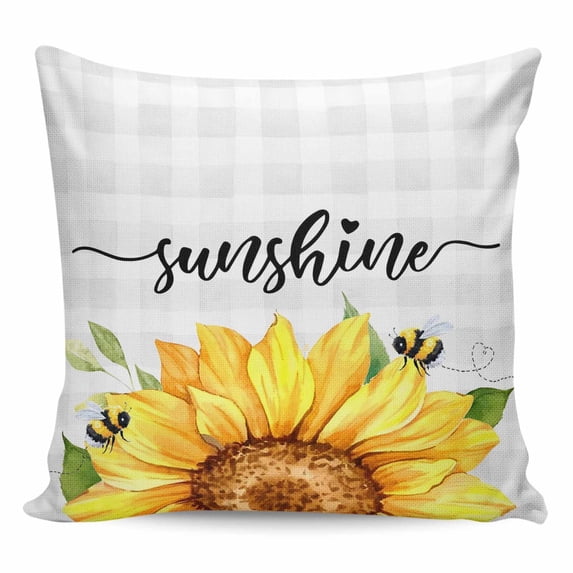 Sunflowers Bees Pillow Covers 16x16 Inch Decorative Throw Pillow Cover, Grey Check Sunshine Watercolor Floral Sofa Pillowcases Accent Cushion Case Home Decor Bedroom Living Room