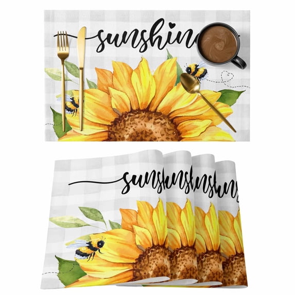 Sunflowers Bees Placemats Set of 6, Grey Check Sunshine Watercolor Floral Placemats for Dining Table, Place Mats for Kitchen Tabletop, Waterproof Wipeable Dining Table Mats Set