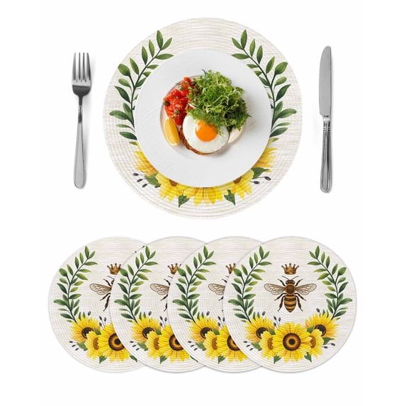 Sunflowers Bees Round 15 Inch Placemats Set of 4, Spring Farmhouse Honey Flowers Leaves HeatResistant Non Slip Place Mats for Dining Table, Wipeable Braided Kitchen Table Mats for Housewarming