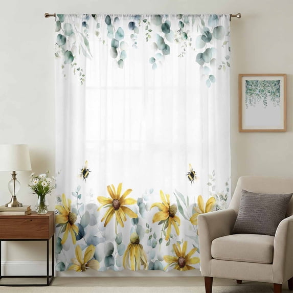 Sunflowers Bees Sheer Curtains 45 Inches Long, Spring Eucalyptus Leaves Light Filering Curtains, Breathable Simi Curtain Privacy Drapes for Kitchen Bathroom Lightweight Small Window Treatment