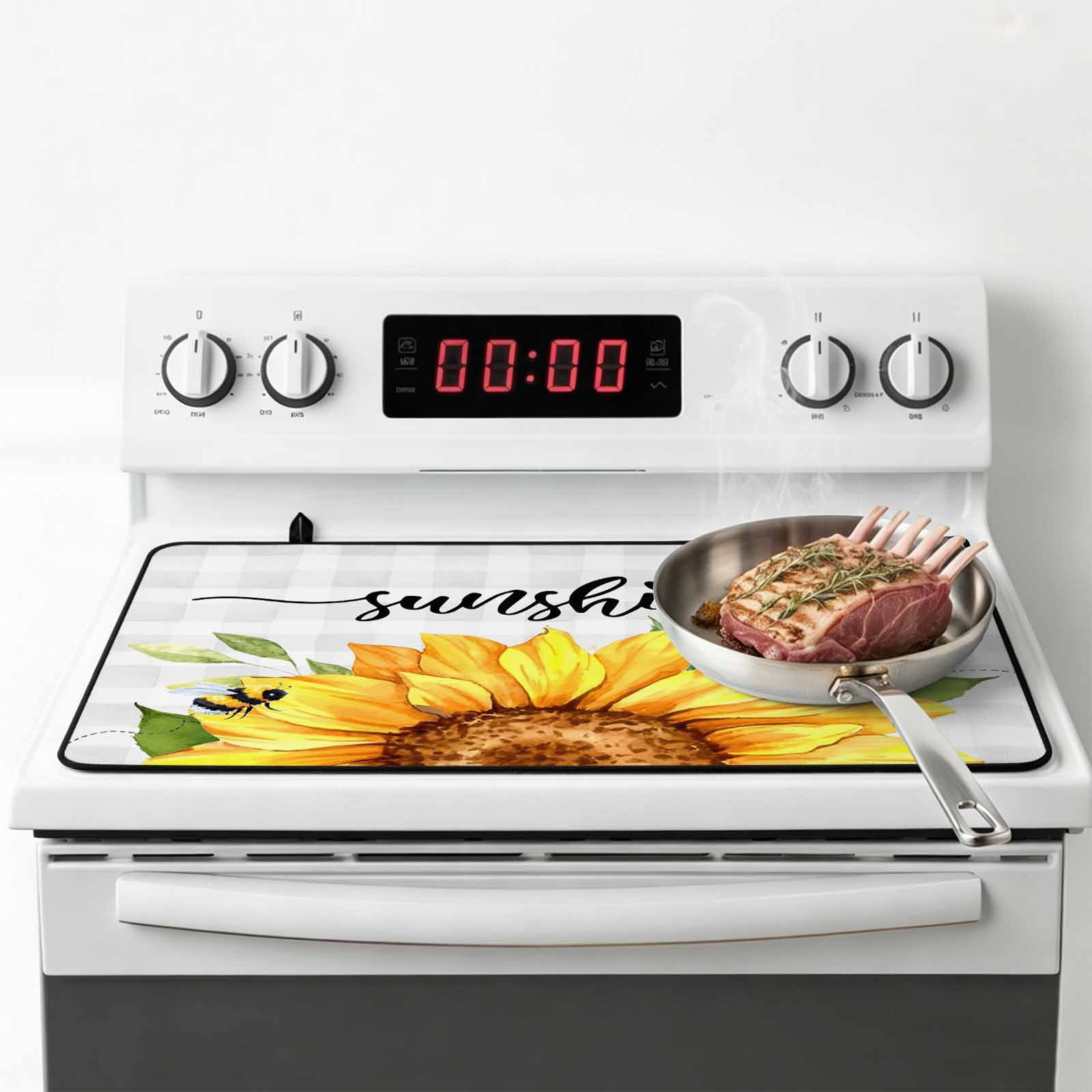 Sunflowers Bees Stove Top Cover for Electric Stove, Heat-proof & Non Slip Glass Top Stove Cover Protector, Grey Check Sunshine Watercolor Floral Kitchen Flat Cooktop Rubber Mat 24x21 Inches