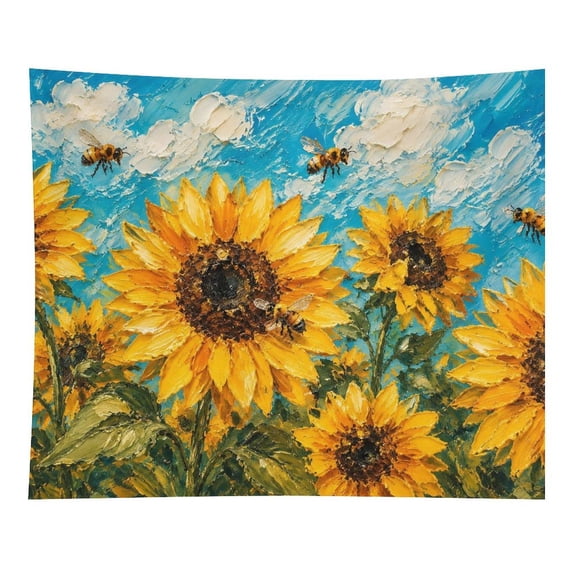 Sunflowers and Bees Summer Field Wall Tapestry Decorative, Aesthetic Fabric Wall Hanging Art for Bedroom Living Room Dorm, Durable & Lightweight Wall Decor with Hanging Kit 50"×60"