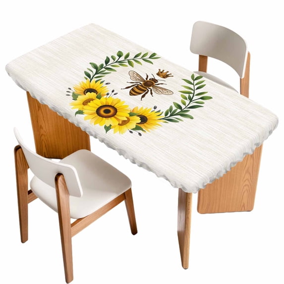 Sunflowers Bees Table Cloths for 3 Foot Rectangle Tables, Spring Farmhouse Honey Flowers Leaves Patio Waterproof Elastic Fitted Tablecloths, Washable Rectangular Table Cover for Camping