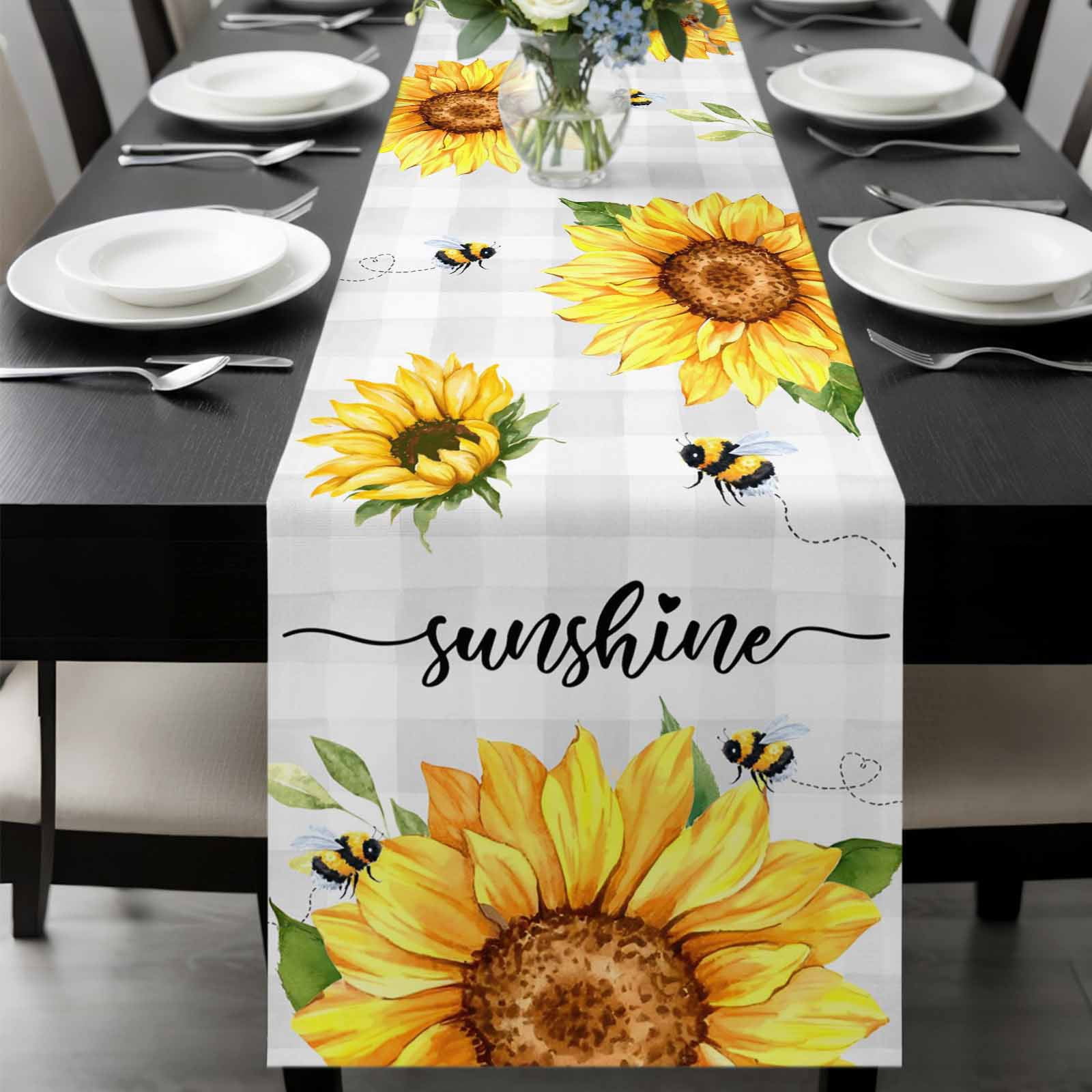 Sunflowers Bees Table Runner 48 Inches Long, Grey Check Sunshine ...