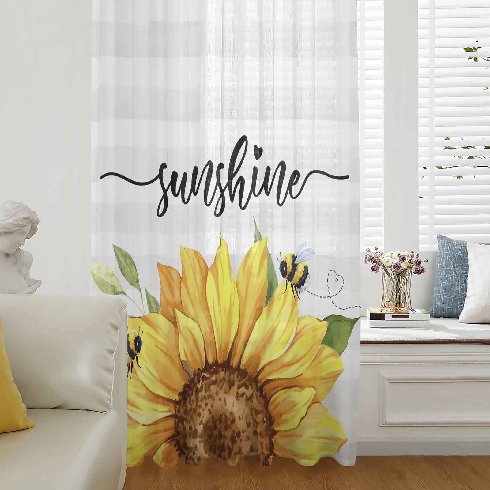 Sunflowers Bees Window Curtain 45 Inches Long,Grey Check Sunshine ...
