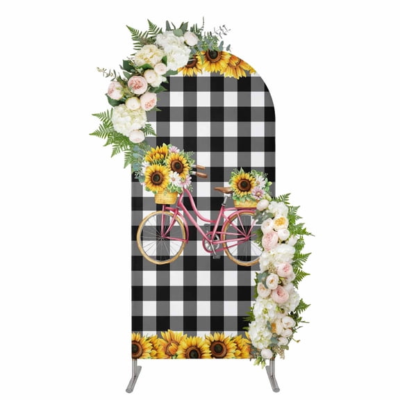 Sunflowers Bicycle Arch Backdrop Cover 4FT, Summer Budding Botanical Floral Lattice Spandex Fitted Stretchy Arch Stand Covers, Round Top Chiara Backdrop Cover for Wedding Party Birthday Baby Shower