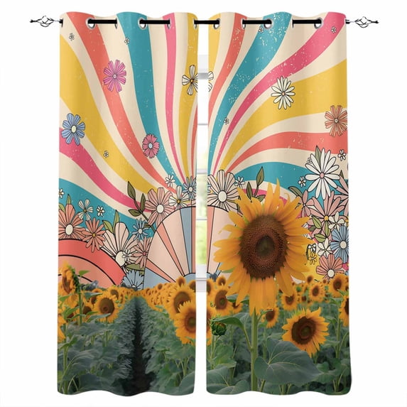 Sunflowers Blackout Curtains 72 Inches Long, Summer Botanical Floral Leaf Colorful Stripes Thermal Insulated Black Out Curtains, Darkening Window Curtain for Bedroom Living Room 52"x72" 2 Panels
