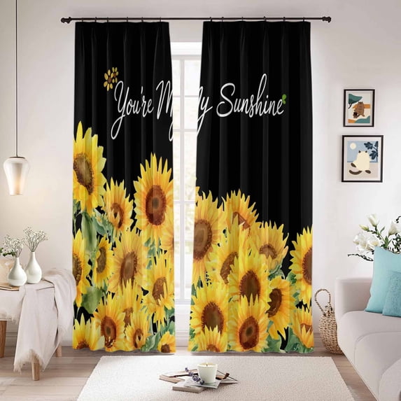 Sunflowers Blackout Curtains for Bedroom/Living Room, Pinch Pleated Black Out Curtains, Yellow Summer Botanical Elegant Pastoral Room Darkening Window Drapes with Hooks 2 Panels, 39"x70"