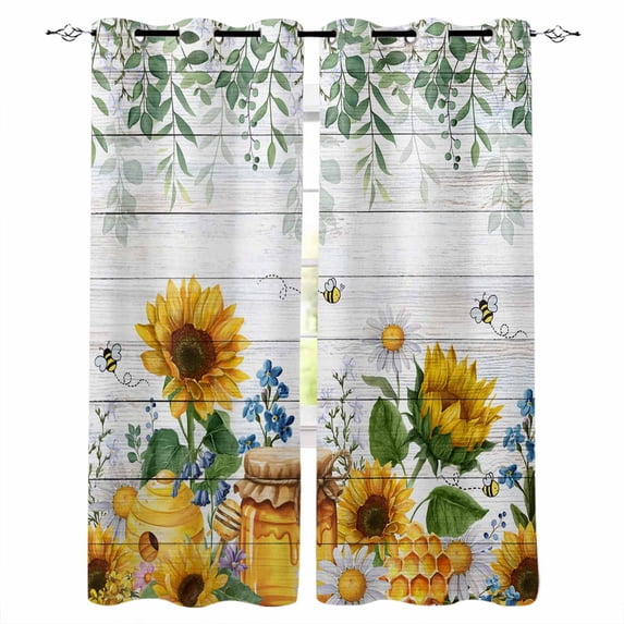 Sunflowers Blackout Curtains for Bedroom/Living Room, Thermal Insulated Kitchen Curtains, Floral Green Leaves Bees Watercolor Wooden Grommet Darkening Window Treatment Drapes 27.5"x39"x2