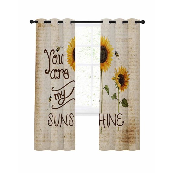 Sunflowers Blackout Curtains, Light Blocking Print Window Curtains, Vintage Bee You Are My Sunshine Beige Thermal Insulated Window Drapes for Living Room Kitchen Cafe 2 Panels, 104"W x 52"L