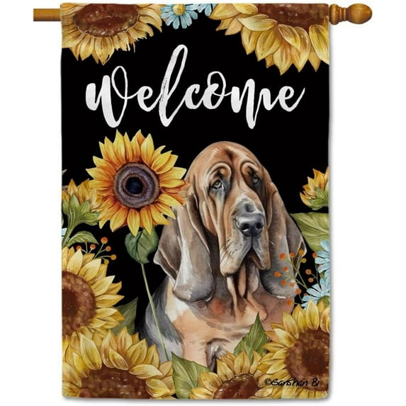 Sunflowers Bloodhound House Flag Watercolor Dog Floral Spring Summer Decor Flag for Outdoor Yard Double Side 28X40 Inch