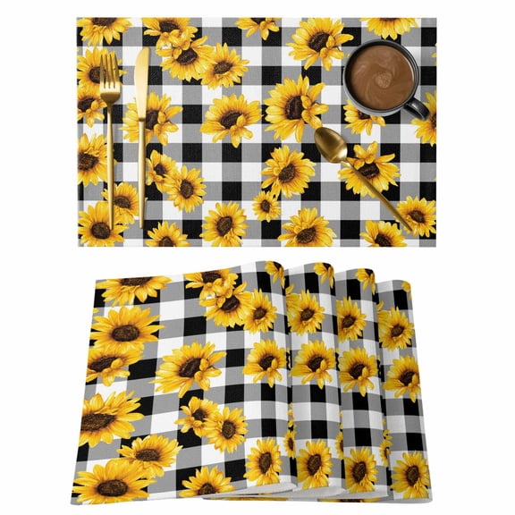 Sunflowers Blossom Placemats Set of 6 Spring Summer Garden Flowers Check Place Mats Indoor Wipeable Table Mats Washable Cloth Dining Table Placemats for Kitchen Holiday Party Home Decor 13x19 Inch