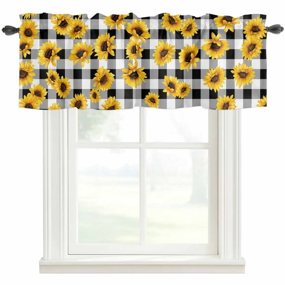 Sunflowers Blossom Rod Pocket Curtain Valance, Spring Summer Garden Flowers Check Farmhouse Window Valance for Living Room, Bedroom, Kitchen 42"W x 12"L
