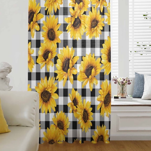 Sunflowers Blossom Semi Sheer Curtains Drapes for Living Room,Bedroom,French Doors Window 108 Inches Long,Spring Summer Garden Flowers Check Rod Pocket Chiffon Curtain Drapery Voile Draperies Panel