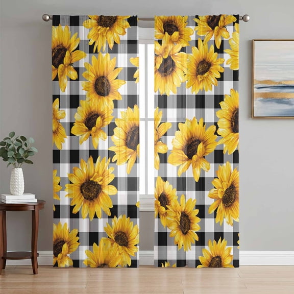 Sunflowers Blossom Sheer Curtains 63 Inch Length 2 Panels Set, Spring Summer Garden Flowers Check Voile Window Treatment Rod Pocket Curtains Sheers Drapes for Bedroom/Living Room/Kitchen 52x"63"x2